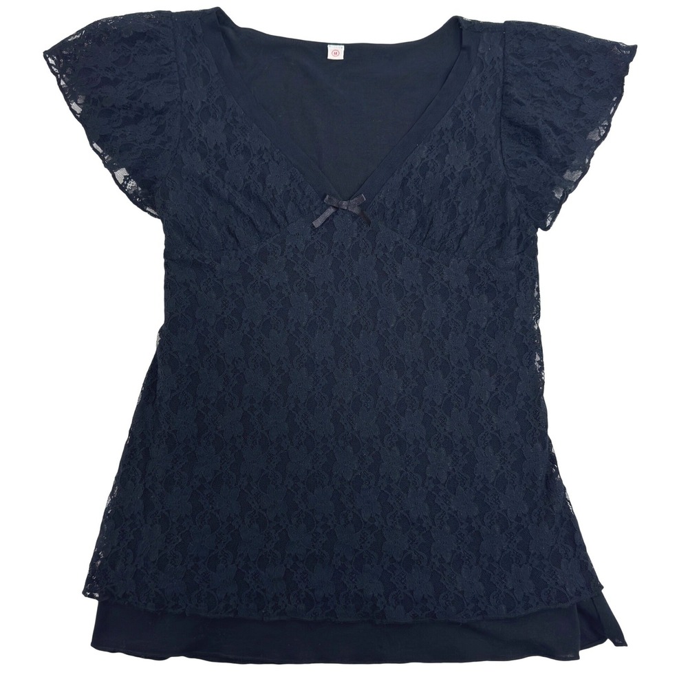 Y2K Uniqlo Babydoll Top Womens Size M Blk Lace Whimsigoth Feminine Bow Croquette